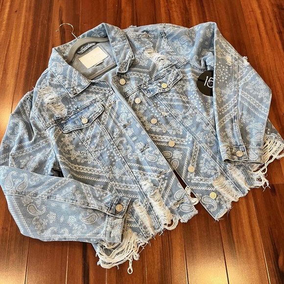 Jackets & Blazers - New One5One Blue Jacket Denim Paisley Heavily Distressed Ripped FrayedJean Sz 2X